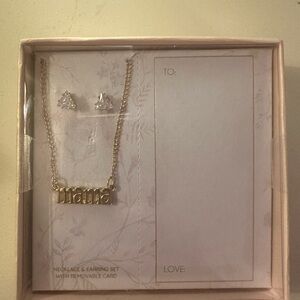 Gold 'mama' Necklace and Crystal Stud Earrings Set - Women Jewelry